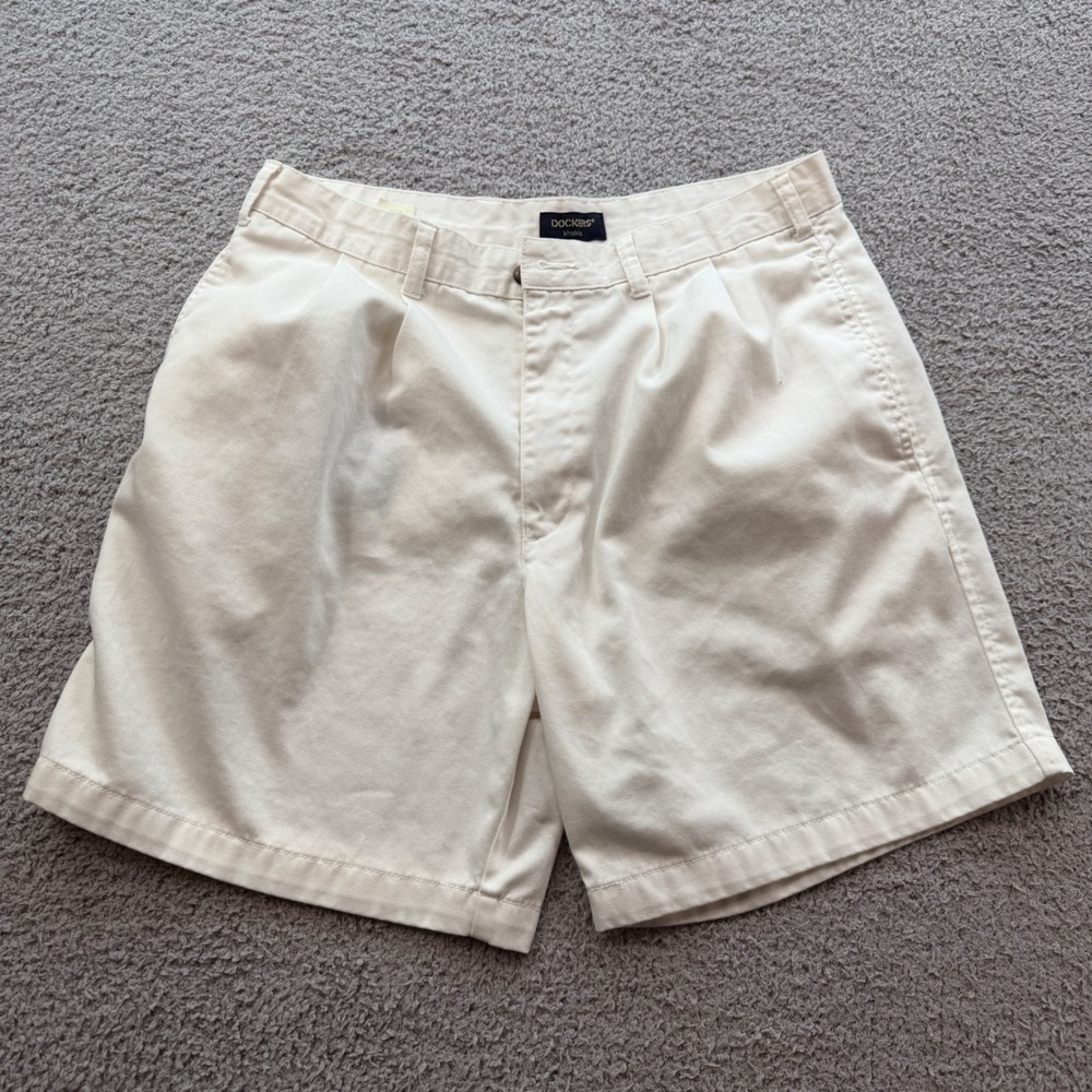 Vintage 1999 Dockers Pleated Khaki Shorts Mens 34 Cream Off White 100% Cotton
